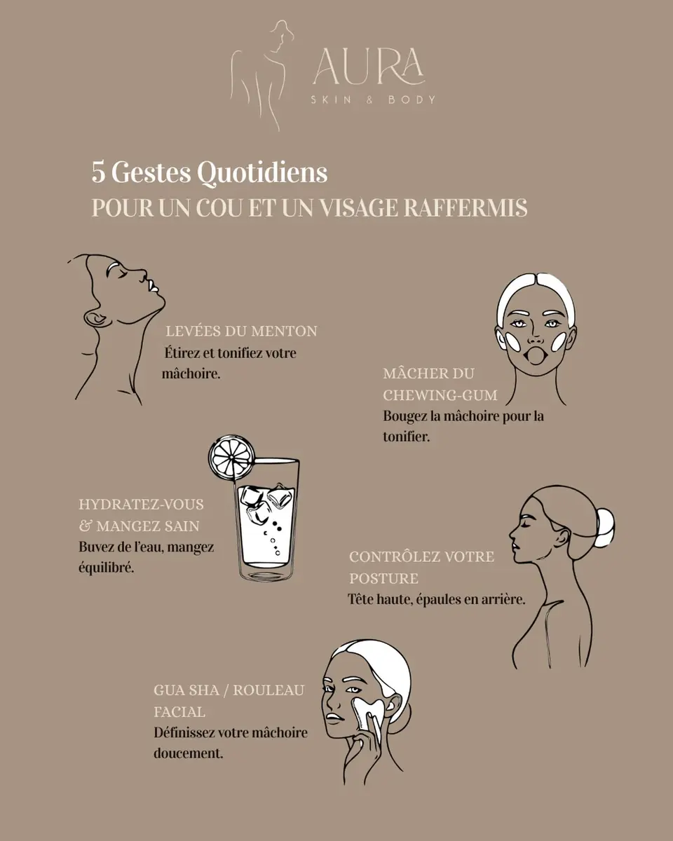 Illustration des cinq gestes pour le cou et le visage